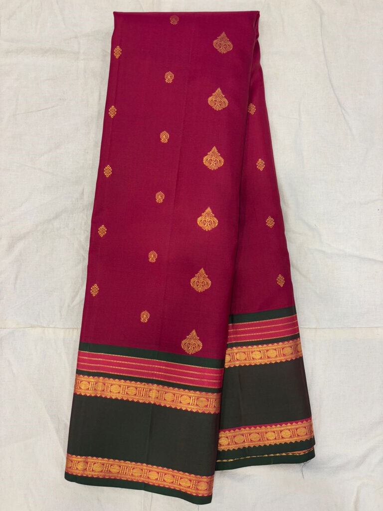 Maroon & Dark Green Pure Silk Saree with Golden Zari Border