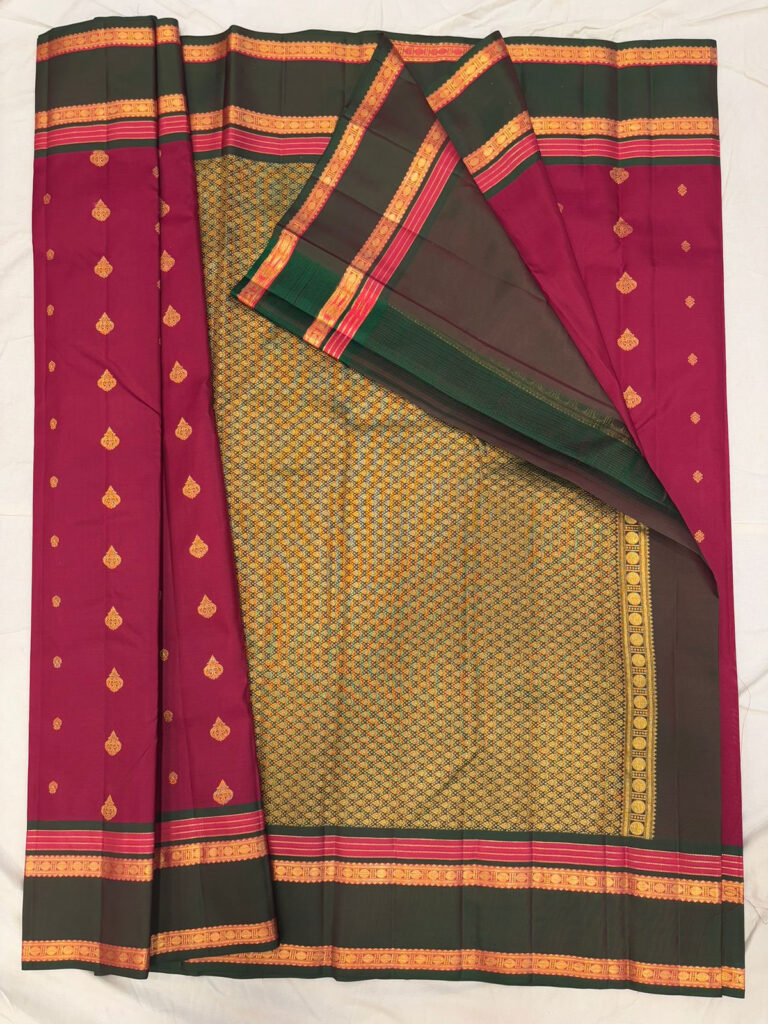 Maroon & Dark Green Pure Silk Saree with Golden Zari Border
