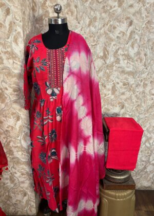 Red Floral Cotton Anarkali Suit Set