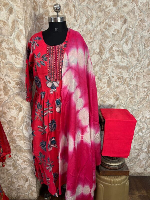 Red Floral Cotton Anarkali Suit Set